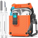 R-fun AirPods 第2世代 2019、第1世代 2016 充電ケースカバー フルドロップ保護 自動ポップアップ蓋デザイン Apple Airpodsケース用 クリーナーキット&キーチェーン付き カーボンファイバー オレ