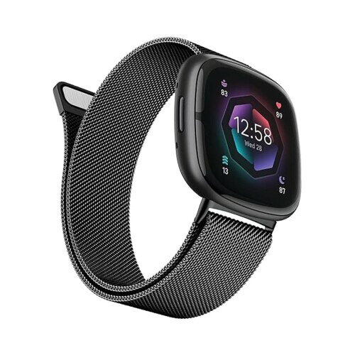 (ACESTAR) コンパチブル Fitbit Versa 4/Fitbit Versa 3/Sense 2/Sense 金属ステンレス鋼 メッシュストラップ マグネット式 ミラネーゼループ バンド 男女兼用-Black