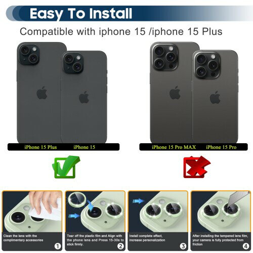 Suoman for iPhone 15/15 Plusカメラレンズプロテクター、9h強化ガラスカメラカバー、アイフォン15/15プラスに対応したフラキラキラパウダーレンズプロテクター-グリーン 2