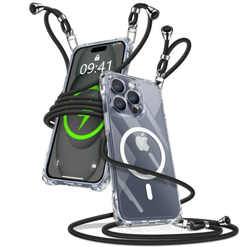 Muciyazi ケース 用の iPhone 15 Pro Max クリア ショルダー マグセーフ対応 アイフォン15 Pro Max カバー 肩掛け 斜めかけ 縄掛けケース 透明 TPU 携帯ケース 紐付き 織りストラップ付き 長さ調整可