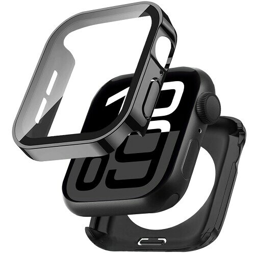 Flydori Apple Watch カバー 防水 アップルウォッチ ケース Series11/10/9/8/7/6/5/4/Se3/Se2/Se 対応 46mm/42mm/44mm/40mm/45mm/41mm 2 in 1 前後の保護 PC+ガラス素材 3D直角 高透過率 耐衝撃 装着簡単 iWatch 41mmブラ