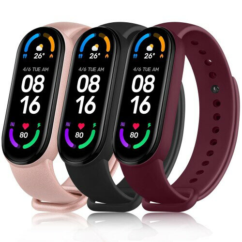 (ATUP) コンパチブル Xiaomi Mi Band 6 / Xiaomi Mi Band 5 バンド 替えベルト 柔らかい シリコン製 交換ベルト 対応 Mi band 5 / Mi band 6 スマートバンド (ローズゴールド+ブラック+ワインレッド)