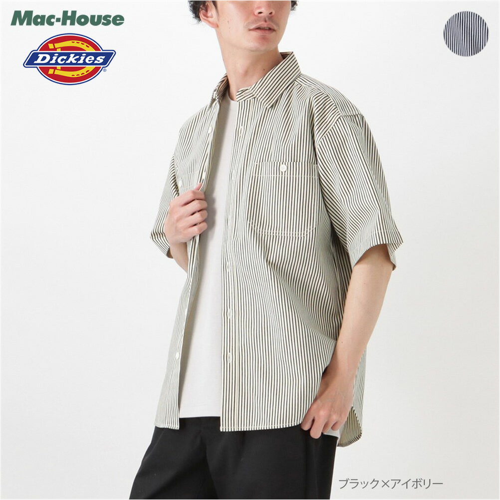 [5のつく日は全品5％OFFクーポン]ディッキーズ Dickies 半袖シャツ カジュアルシャツ ワークシャツ 5分袖 メンズ ツイル 胸ポケット トップス ヒッコリー ストライプ ラウンドヘム ボタン ワンポイント ブランドロゴ ピスネームのサムネイル