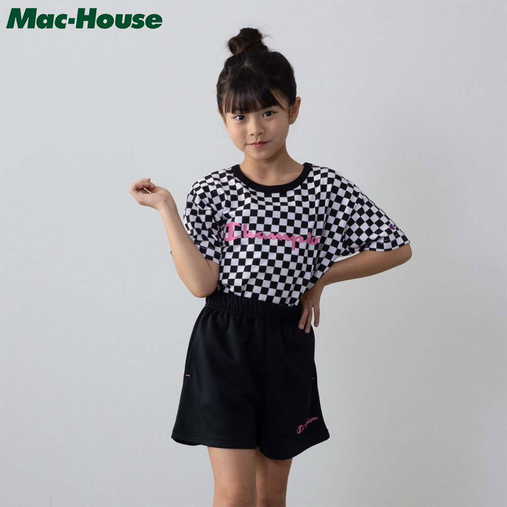 楽天Mac-House楽天市場店[全品対象★最大20％OFFクーポン5/22まで]チャンピオンChampion 半袖Tシャツ ショートパンツ セットアップ 2点セット キッズ 子供服 女の子 ガールズ トップス セットアイテム ウエストゴム スムース 市松模様 プリント ロゴ ハーフパンツ 膝丈 膝上丈