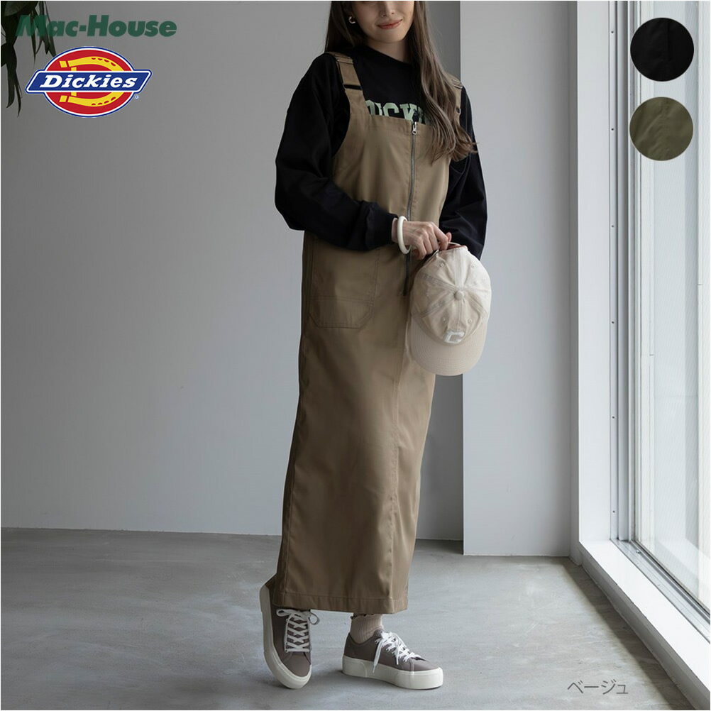 あす楽 ディッキーズ Dickies ジャンパースカート オールインワン レディース ロングスカート ロゴ ボトムス スリット ポケット ピスネーム ジッパー 長さ調整 ジャンスカ エプロンドレスのサムネイル