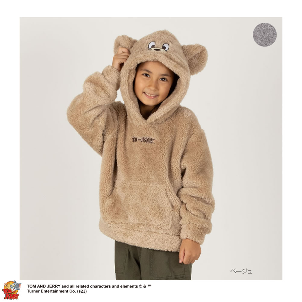 トムとジェリー Tom and Jerry パーカー 長袖 シャギー キッズ 子供服 男の子 女の子 ボーイズ ガールズ ユニセックス トップス フード付き 耳付き ポケット キャラクター プルオーバー プルパ…