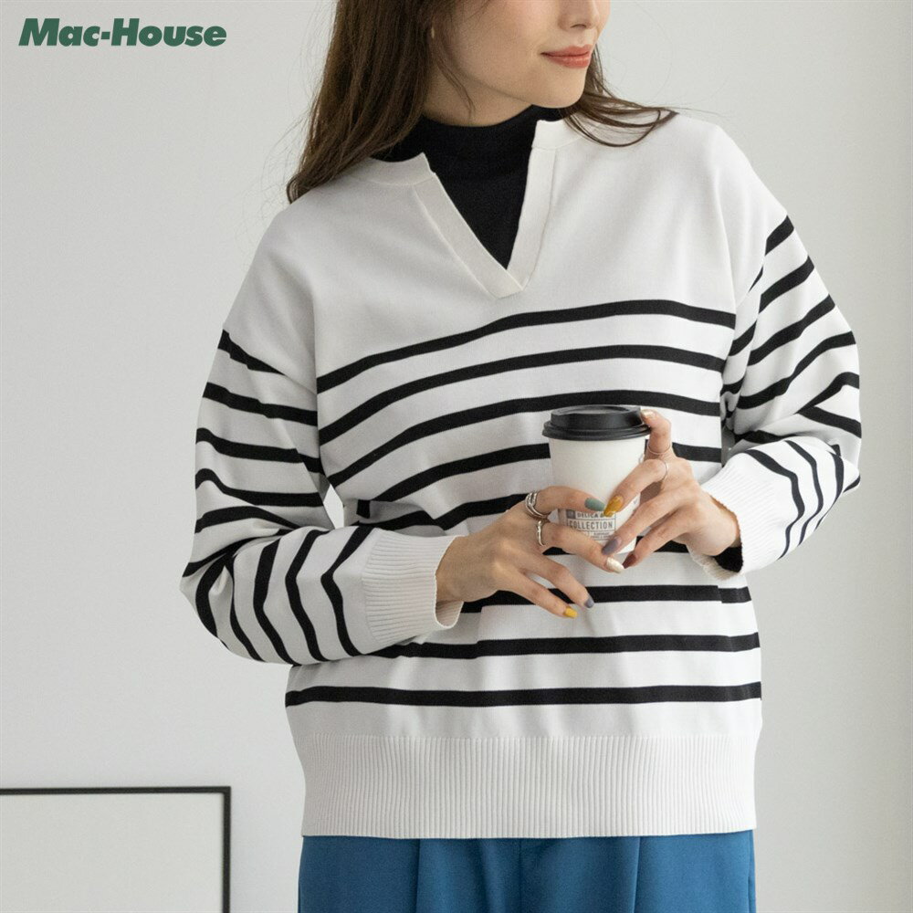 ニット セーター レディース キーネック V字ネック トップス ボーダ...(4)