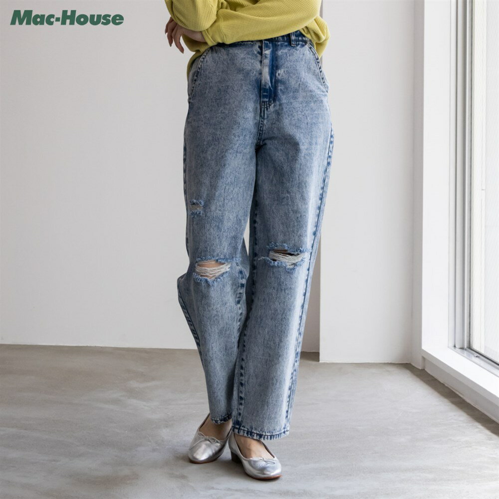 [期間限定★最大10％OFFクーポン]グッドクルー デニムパンツ ジーンズ ジーパン レディース ポケット フロントジップ ボトムス ダメージ加工 ハイウエスト ワイドシルエット ロングパンツのサムネイル