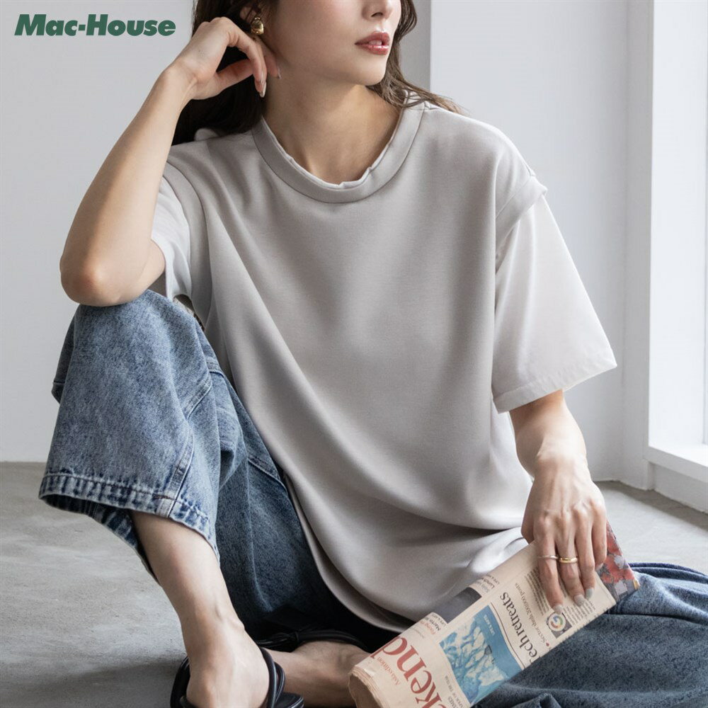 半袖Tシャツ ベスト フェイクレイヤード ポンチ素材 レディース 抗ピル 滑らか 軽量 トップス サイドスリット 無地 シンプル クルーネック カットソー [選べる福袋対象]