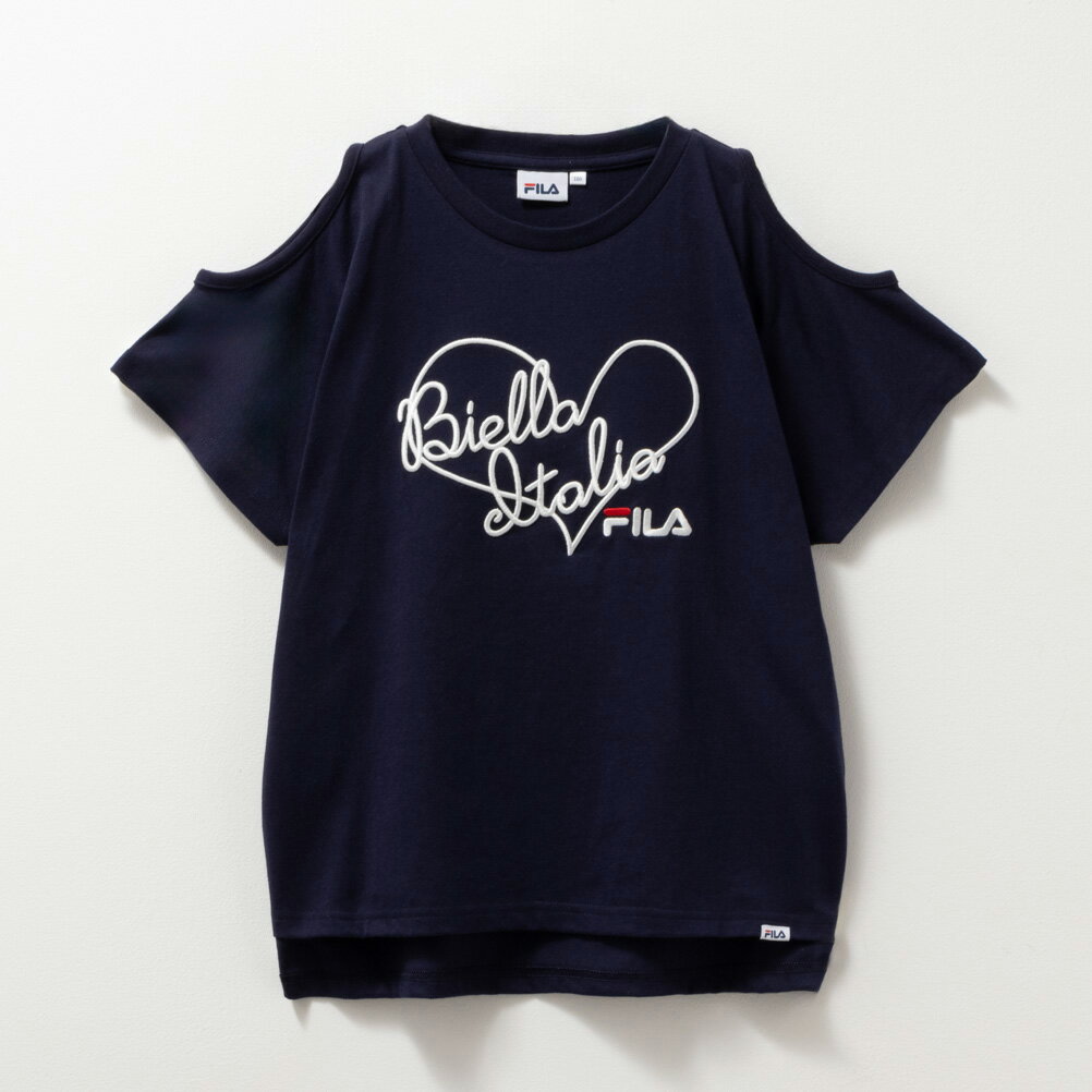 [GW限定3980円以上20％OFFクーポン]フィラ FILA 半袖Tシャツ フェイクレイヤード キッズ 子供服 女の子 ガールズ トップス 肩開き 肩出し ロゴ 刺繍 クルーネック カットソーのサムネイル