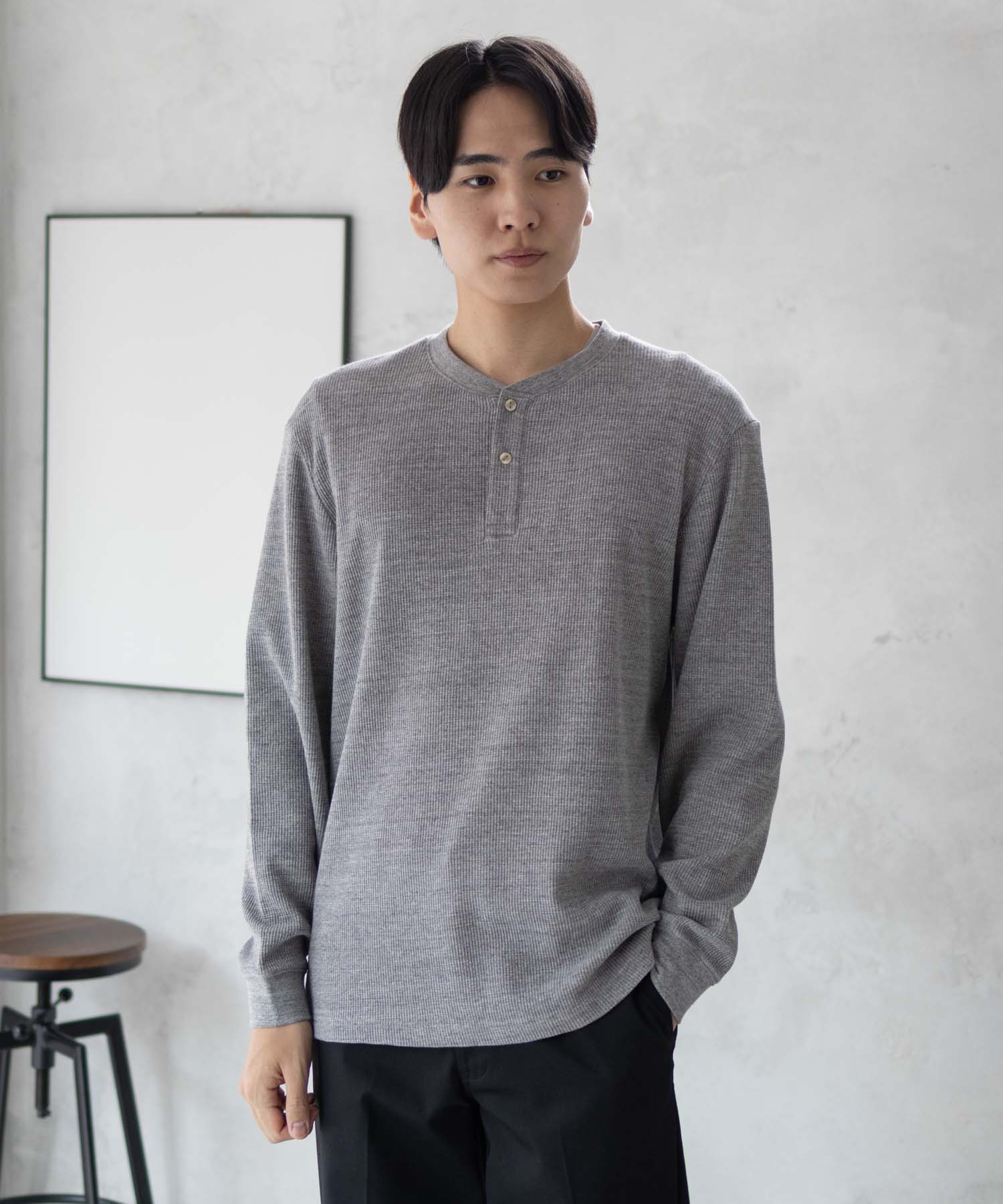 [全品P5倍＆最大25%OFFマラソンクーポン]グッドクルー GOOD CREW 長袖Tシャツ ロンT メンズ ワッフル素材 ストレッチ ボタン トップス 無地 シンプル ヘンリーネック カットソー