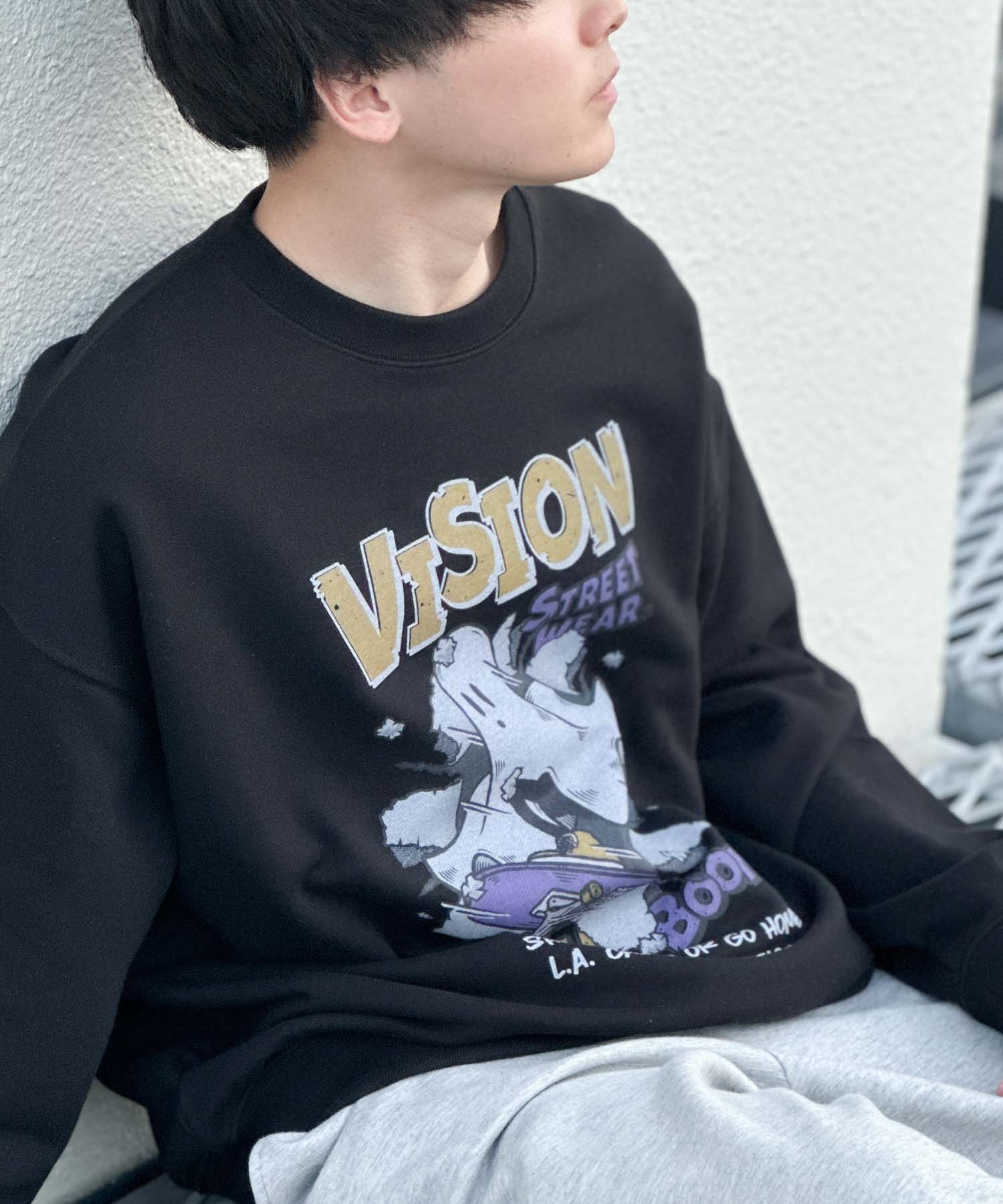 [今だけ！全品10％OFFクーポン]ヴィジョンストリートウェア VISION STREET WEAR トレーナー メンズ 綿混 スウェット トップス オバケシリーズ ゴースト プリント 黒 クルーネック プルオーバー ユニセックス レディース