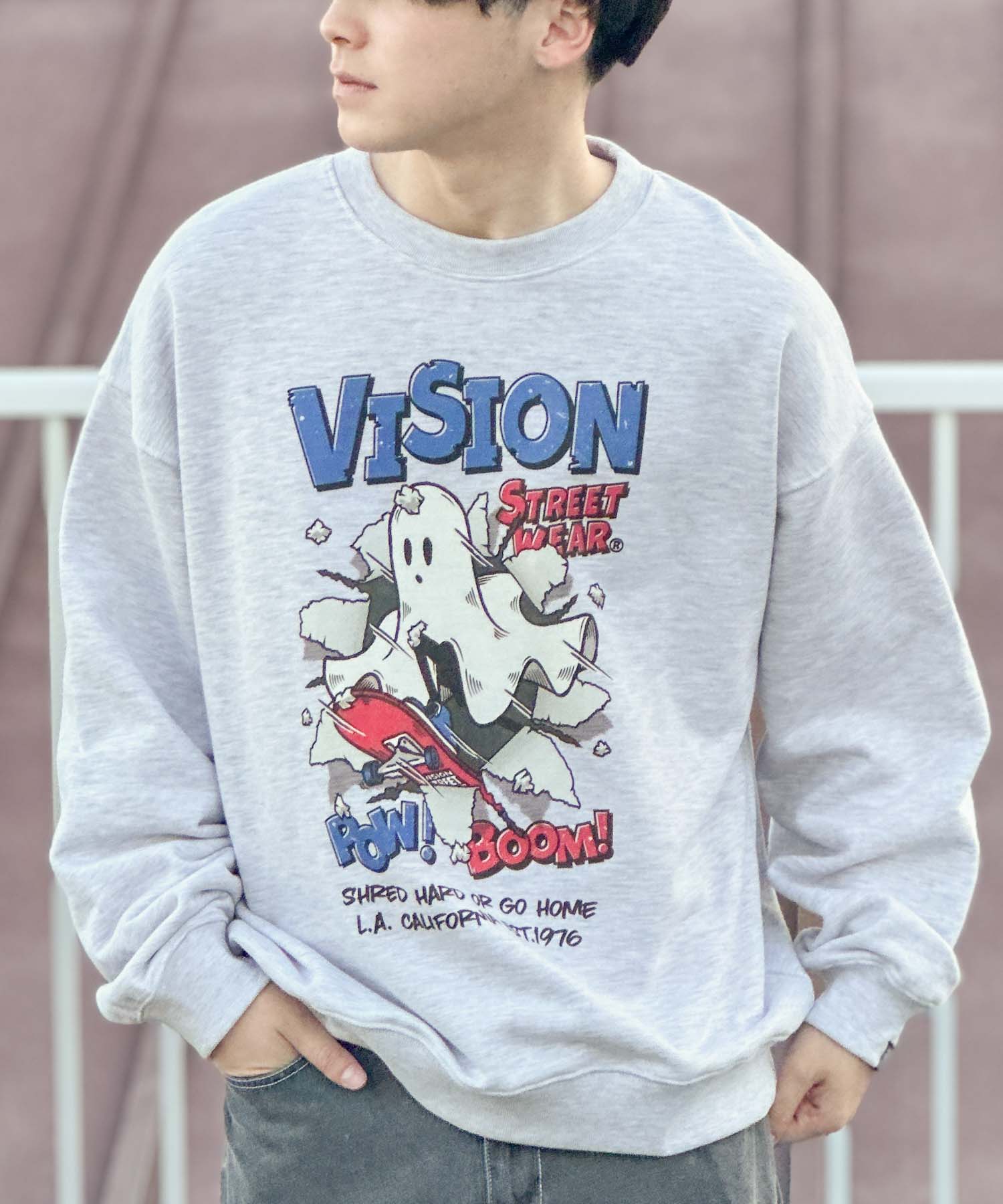[今だけ！全品10％OFFクーポン]ヴィジョンストリートウェア VISION STREET WEAR トレーナー メンズ 綿混 スウェット トップス オバケシリーズ ゴースト プリント 黒 クルーネック プルオーバー ユニセックス レディース