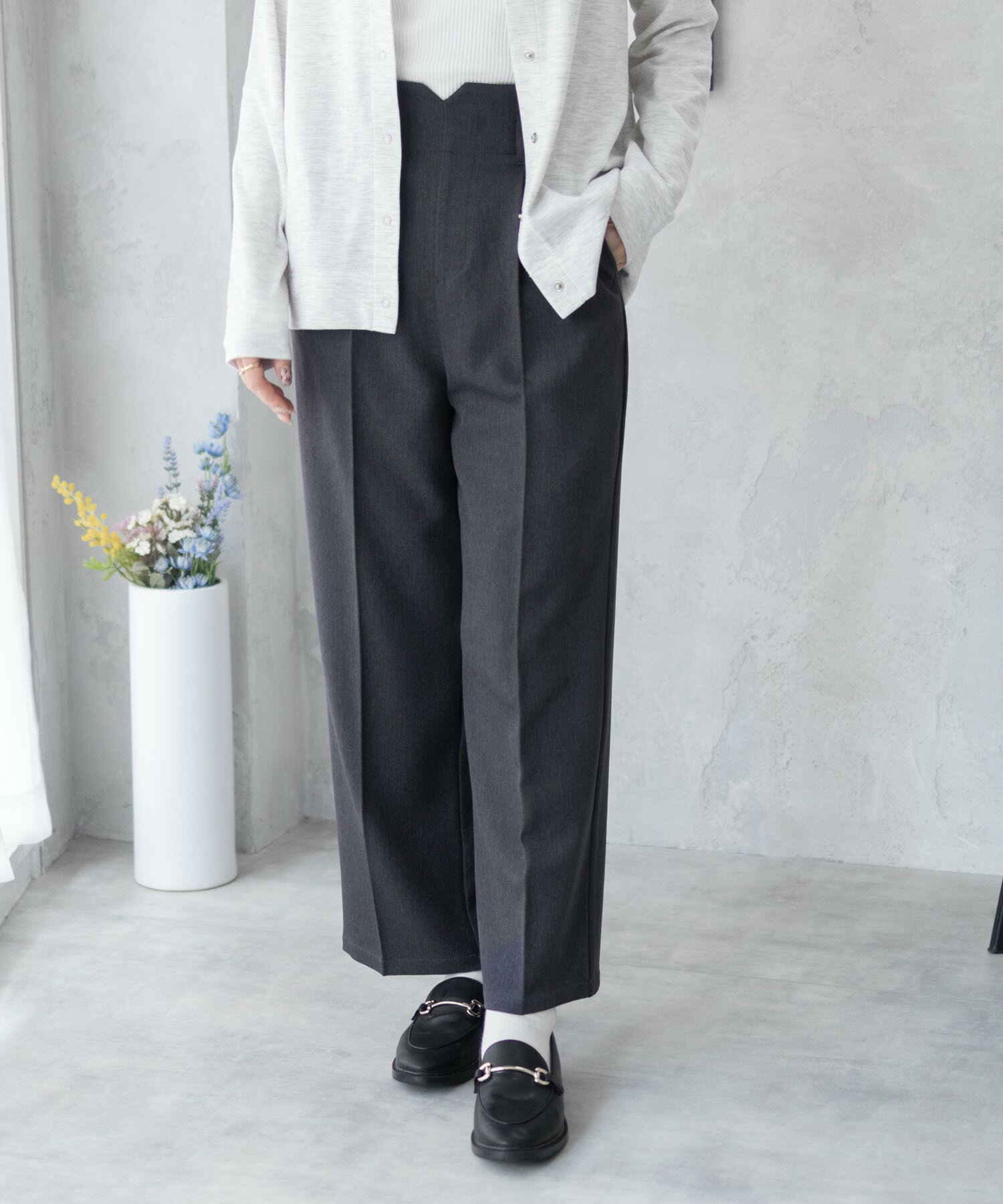 ワイドパンツ レディース ストレッチ ハイウエスト センタープリーツ ウエストゴム ワンタック ストレートパンツ ボトムス ポケット 黒 ロングパンツ [選べる...