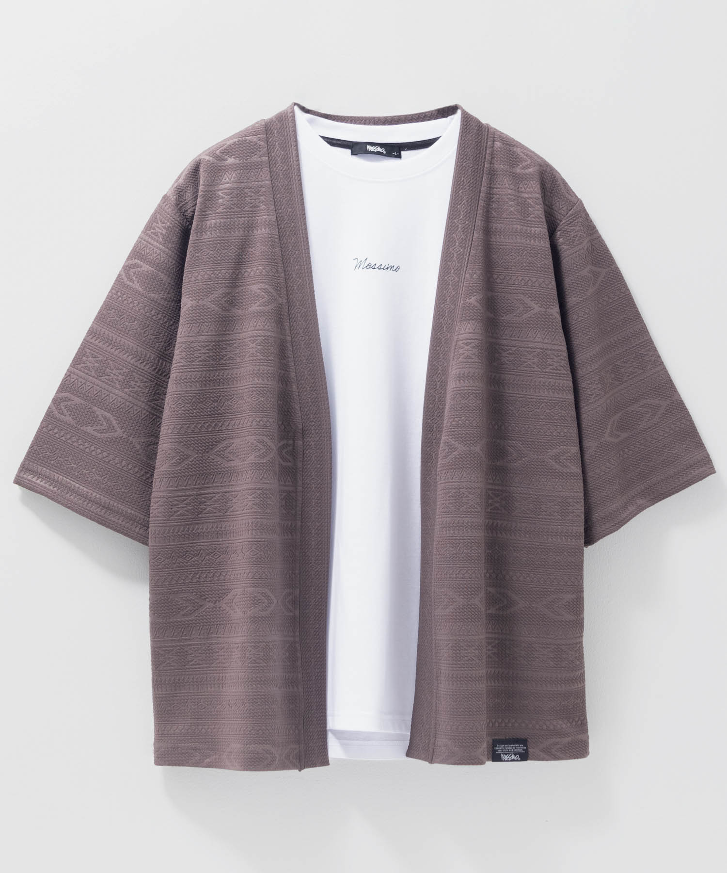 [今だけ！3点以上15％OFFクーポン]モッシモ mossimo トッパーカーディガン 6分袖 半袖Tシャツ アンサンブル メンズ ボタン無し ふくれジャガード トップス オルテガ柄 ロゴ プリント 黒 白 カーディガン ライトアウター 羽織り ユニセックス レディース