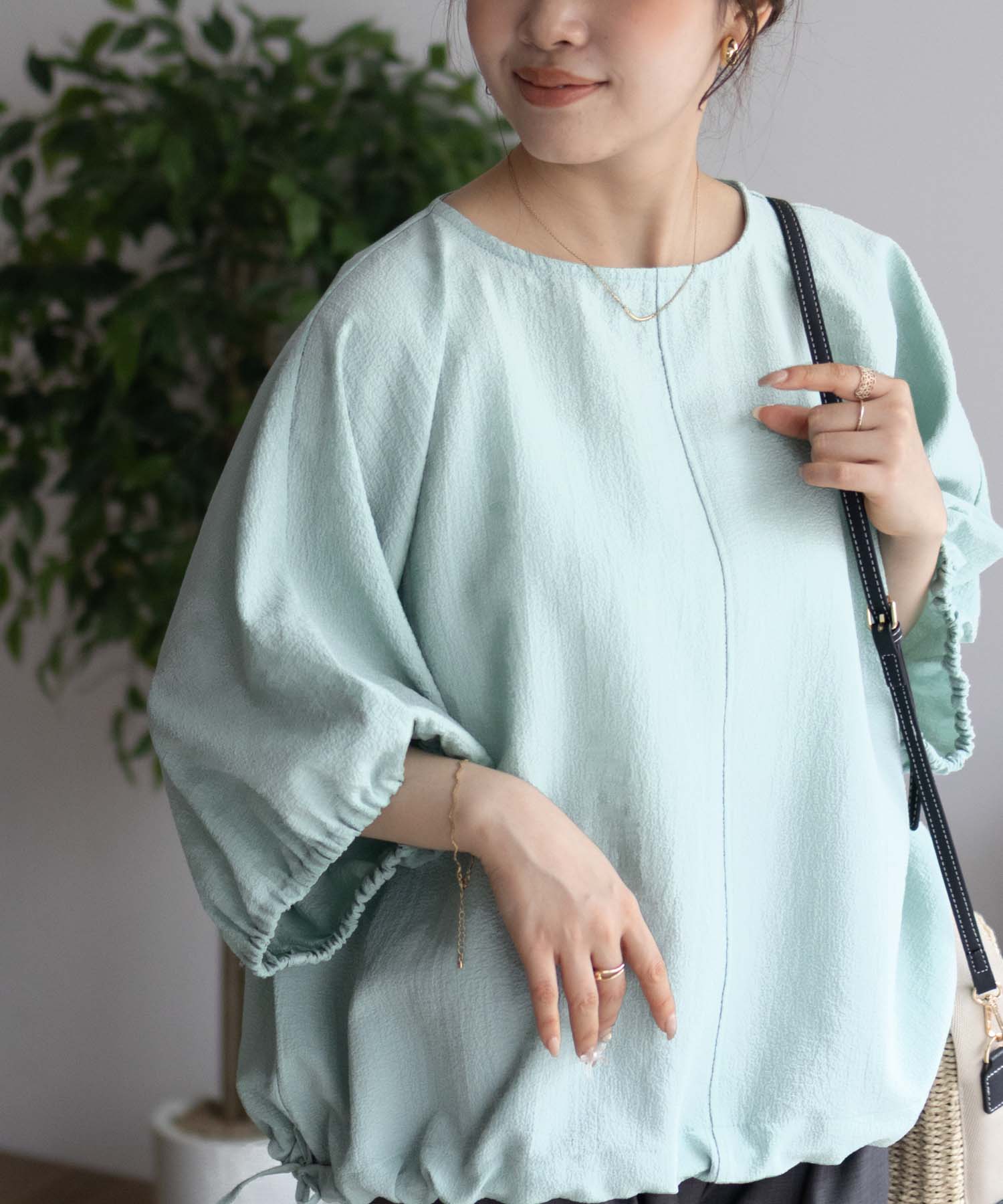 [BF限定★全品最大30％OFFクーポン]ブラウス レディース 5分袖 7分袖 サイドリボン 裾絞り ドロスト トップス 無地 シンプル カジュアルシャツ 七分袖