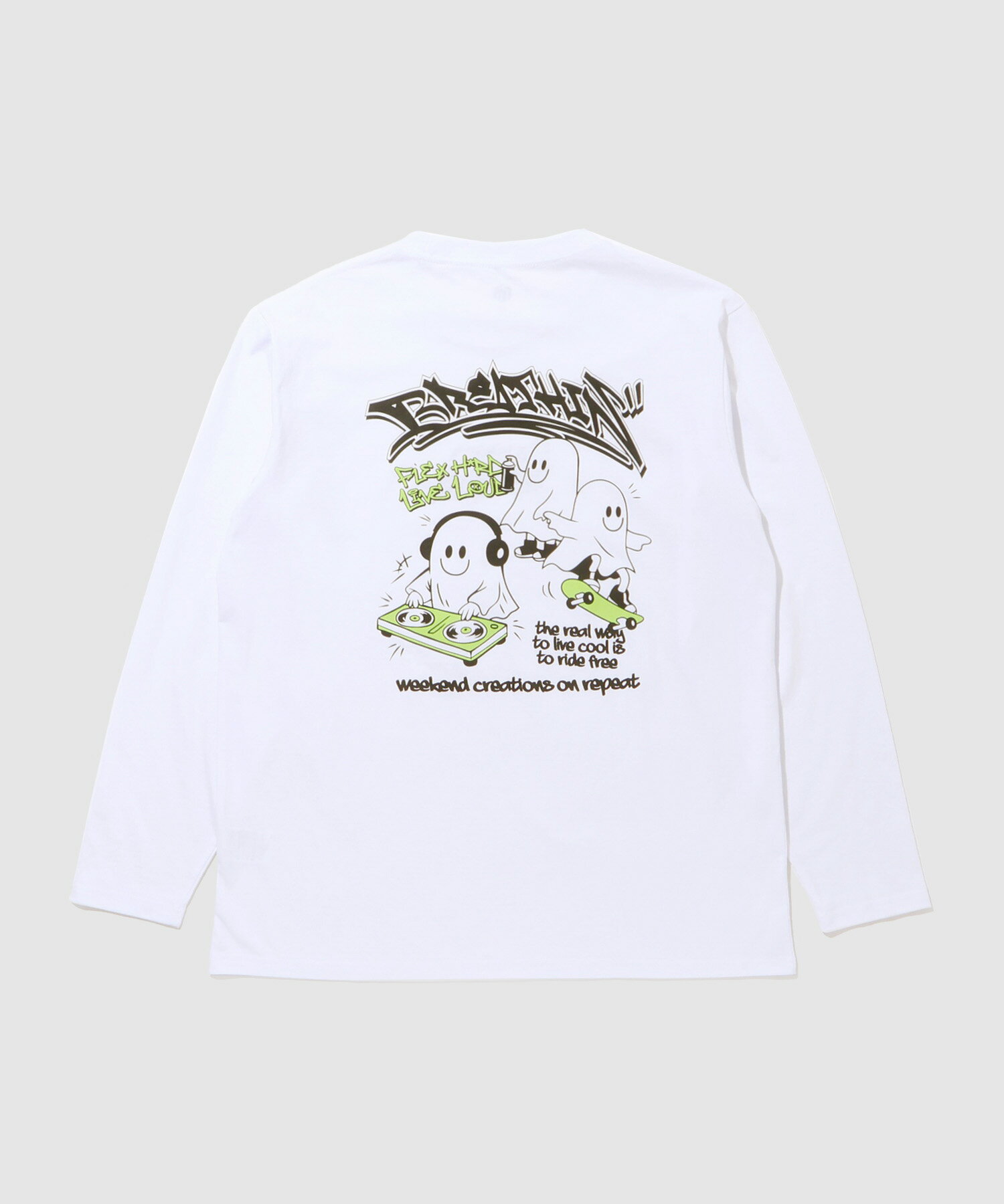 Tシャツ メンズ レディース 長袖 ロンT 綿混 トップス キャラクター ゴースト プリント 白 黒 スケーター クルーネック カットソー ユニセックス