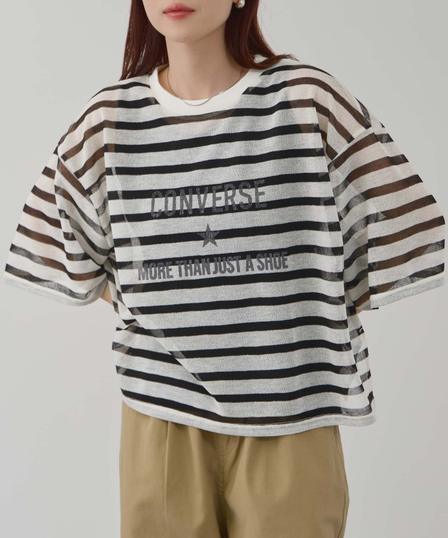 [25日P5倍！更にクーポン割]コンバース CONVERSE 半袖Tシャツ タンクトップ アンサンブル レディース 透かし編み メッシュ シアー トップス ボーダー ロゴ 白 黒 カットソー セットアイテム レイヤード