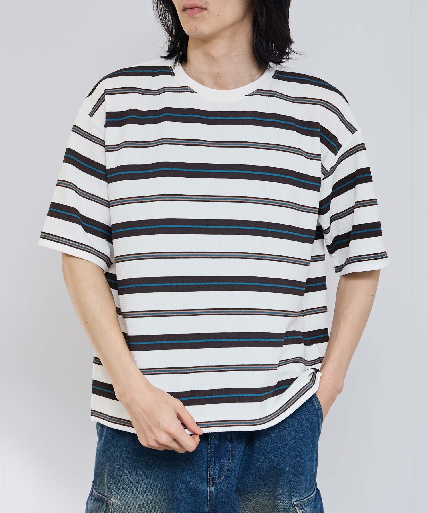 [特別価格★更に期間限定クーポン割]アーバンコレクション URBAN COLLECTION Tシャツ メンズ レディース 半袖 ドライ 冷感 軽量 シワになりにくい ひんやり トップス マルチボーダー柄 白 黒 クルーネック カットソー ユニセックス