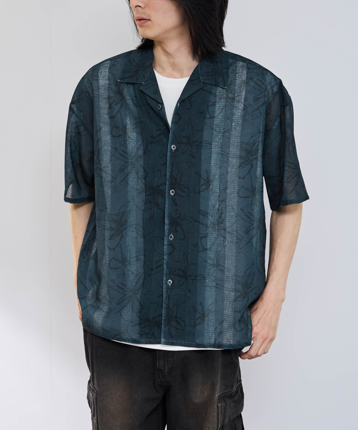[特別価格★更に期間限定クーポン割]アーバンコレクション URBAN COLLECTION シャツ メンズ レディース 半袖 5分袖 カジュアルシャツ 速乾 シワになりにくい ゆったり 透け感 トップス ストライプ 総柄 シアー オープンカラー ユニセックス