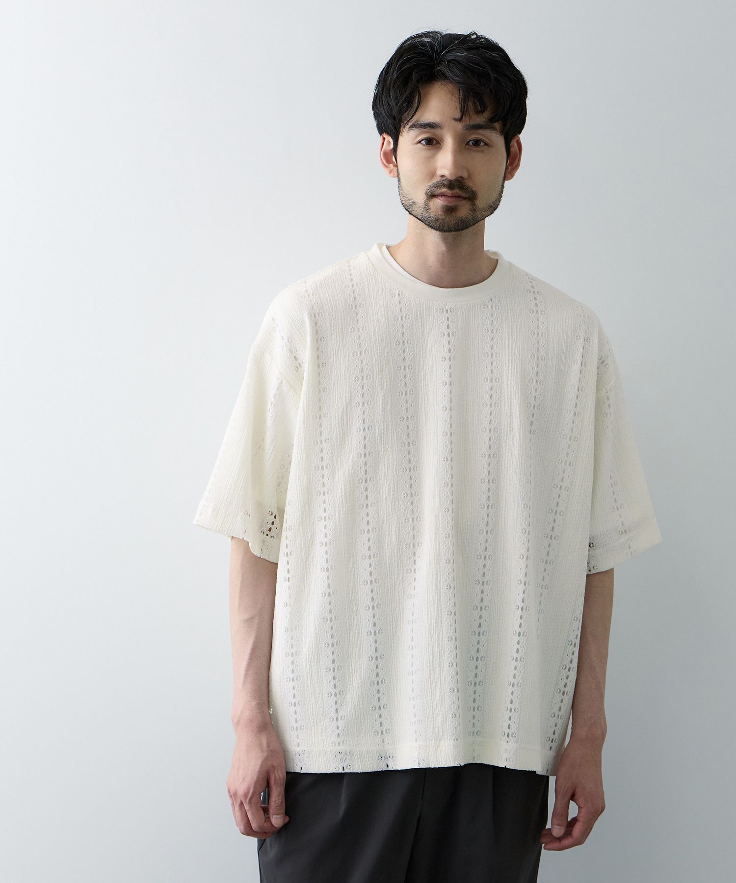 乐天商城 - [15日P5倍！更にクーポン割]アーバンコレクション URBAN COLLECTION 半袖 Tシャツ アンサンブル メンズ レディース 重ね着 透かし編み レース 通気性 トップス ドロップショルダー オーバーサイズ 大きめ ゆったり 白 黒 クルーネック カットソー
