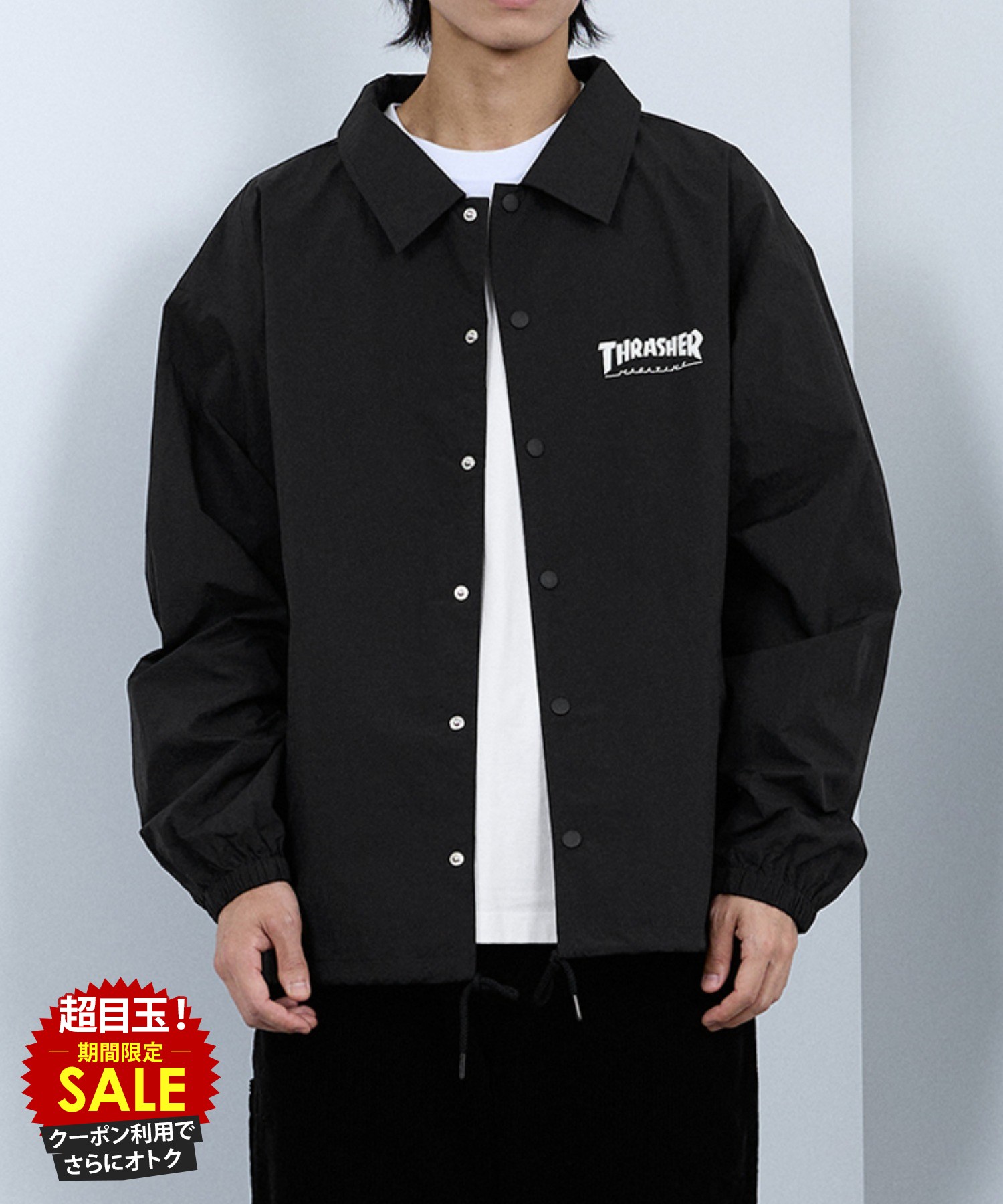 [特別価格★P5倍・まとめ買いクーポン]スラッシャー THRASHER コーチジャケット メンズ ナイロン 撥水 紫外線カット アウター ロゴ プリント 黒 ジャケット ユニセックス レディース