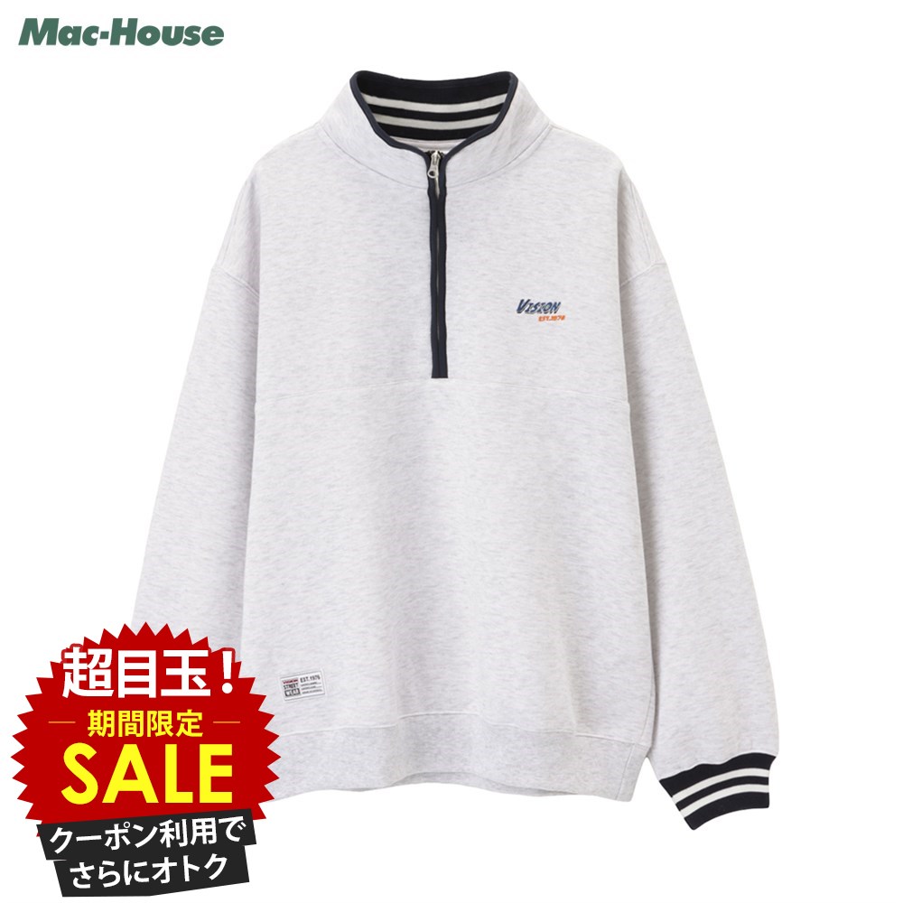 [特別価格][更にクーポンで割引]ヴィジョンストリートウェア VISION STREET WEAR トレーナー スウェット 裏起毛 メンズ パイピング リブライン トップス ロゴ 刺繍 ワンポイント ハーフジップ スタンドカラー プルオーバー