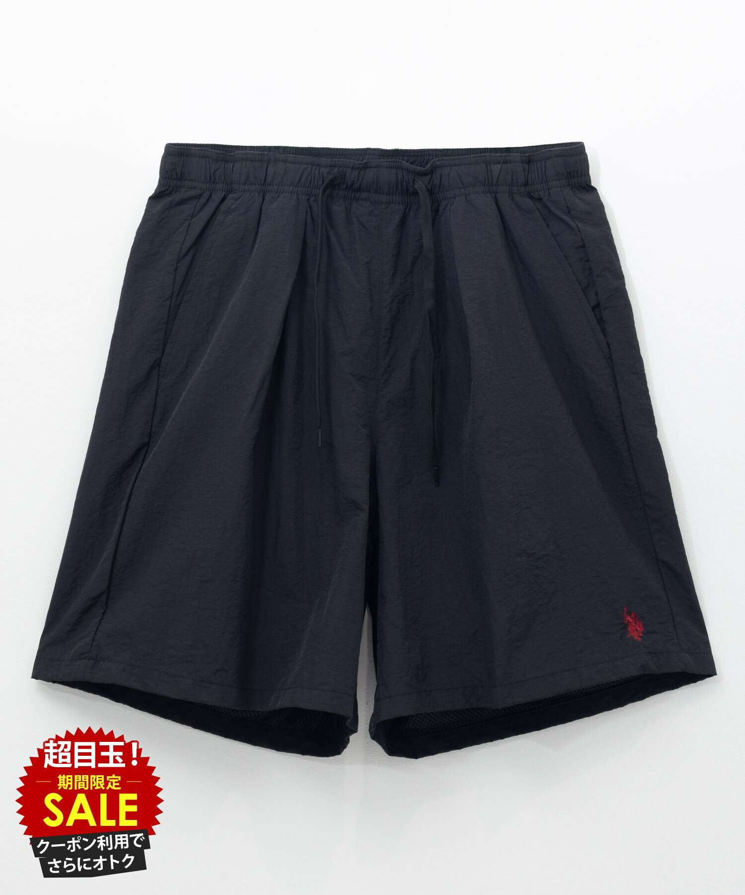 Rakuten - [5日限定P5倍][特別価格★更にクーポン割]ユーエスポロアッスン U.S. POLO ASSN. ショートパンツ メンズ 裏地付き メッシュ ウエストゴム 紐 ナイロンパンツ ボトムス ポケット ワンポイント ロゴ 刺繍 黒 ひざ上丈 膝上丈