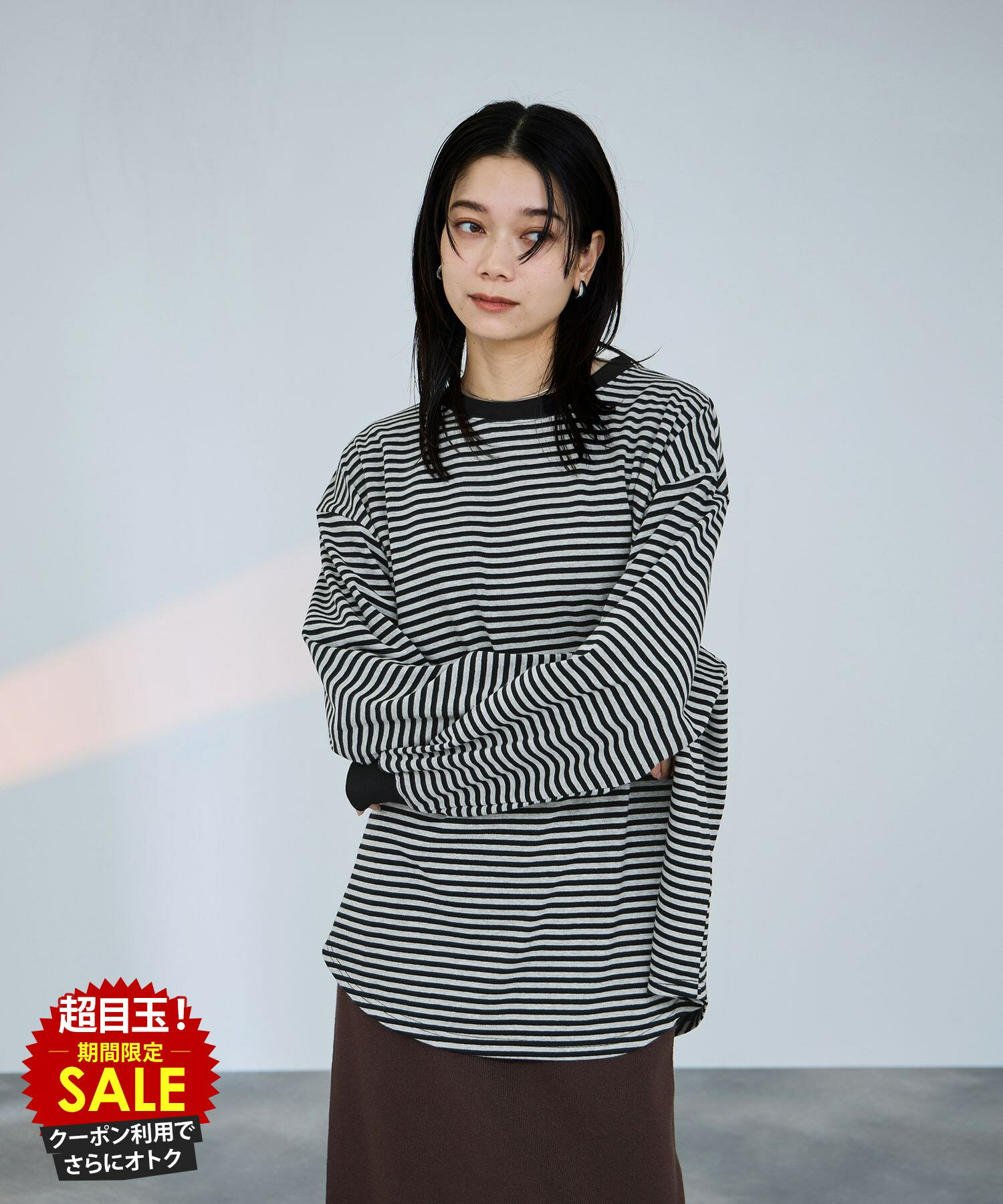 [終了間近！特別価格★P5倍・クーポン]ミリデラール milli de l'air Tシャツ レディース 長袖 ロンT ビッグシルエット オーバーサイズ ゆったり 大きめ トップス ラウンドヘム ボーダー 黒 クルーネック カットソー