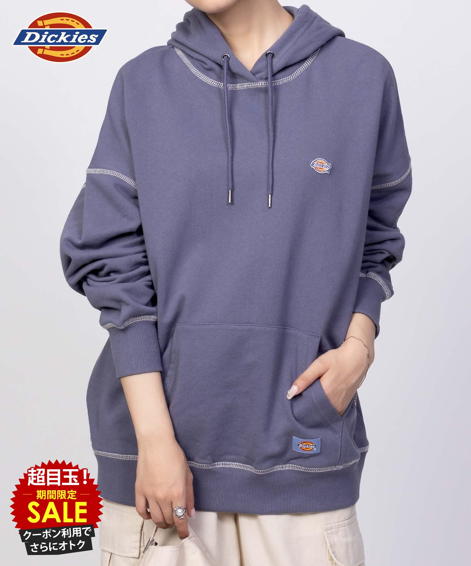 [5日限定P5倍][特別価格★更にクーポン割]ディッキーズ Dickies パーカー レディース スウェット 裏毛 ドロップショルダー ゆったり ポケット トップス カラーステッチ ロゴ ワッペン 黒 長袖 プルオーバー