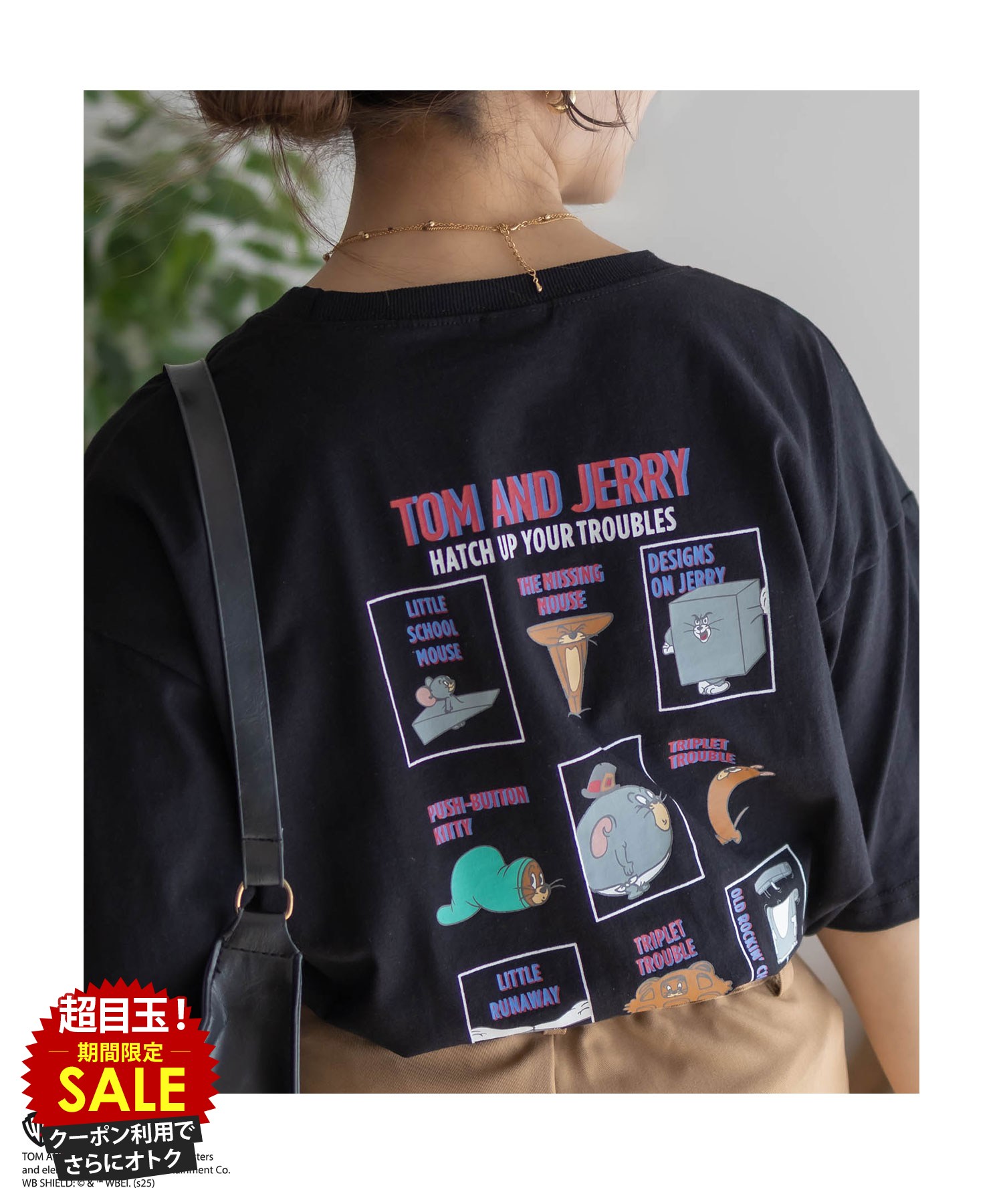 [特別価格★P5倍・まとめ買いクーポン]トムとジェリー Tom and Jerry Tシャツ レディース 半袖 5分袖 綿100％ コットン ビッグシルエット ゆったり サイドスリット 前後差丈 トップス キャラクター トム ジェリー タフィー プリント 黒 白 クルーネック カットソー 五分袖