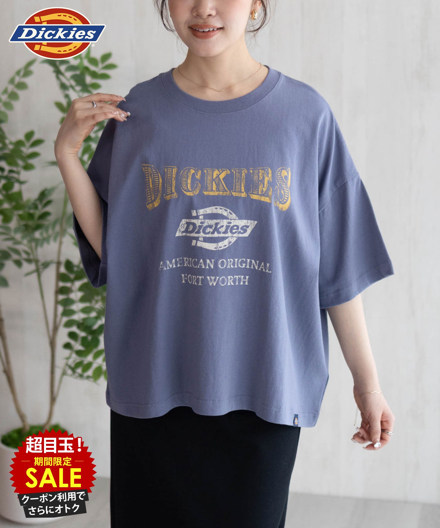 [特別価格][更にクーポンで割引]ディッキーズ Dickies Tシャツ レディース 半袖 5分袖 綿100％ コットン 大きめ ゆったり ルーズシルエット トップス ビンテージライク プリント 黒 クルーネック カットソー