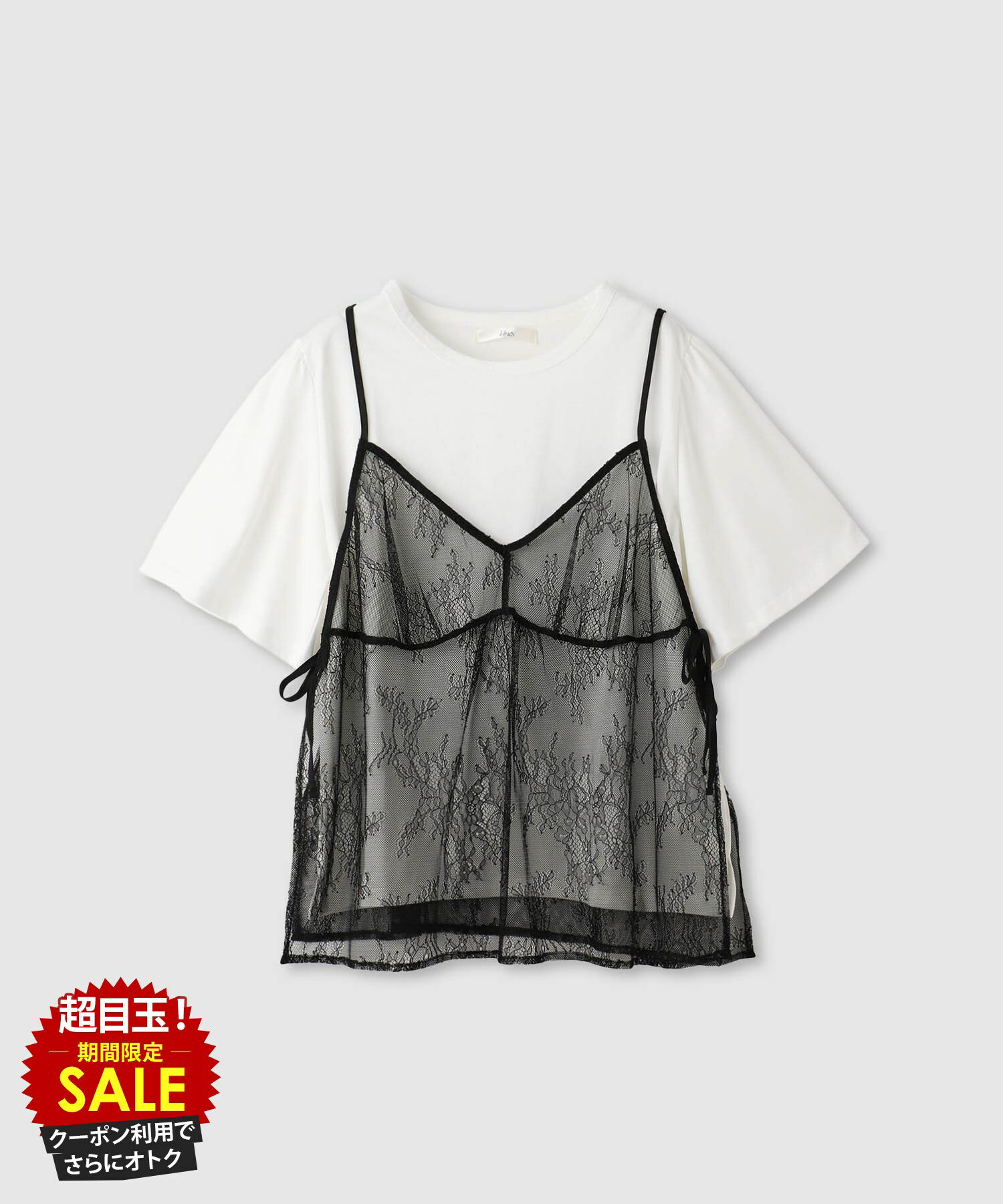[5日限定P5倍][特別価格★更にクーポン割]イドネス Idnes 半袖Tシャツ キャミソール アンサンブル レディース レース トップス 白 黒 クルーネック カットソー セットアイテム