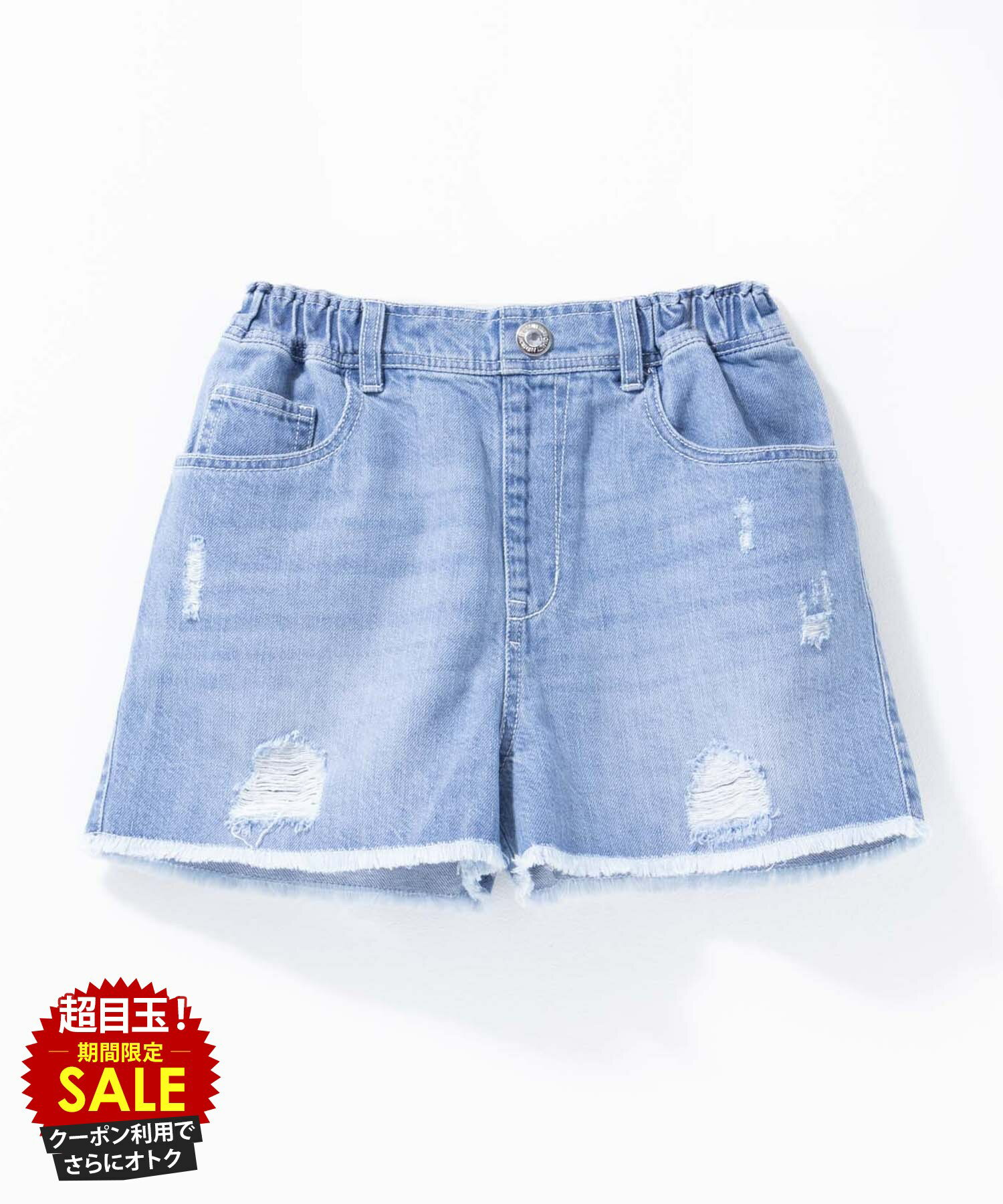 Short Pants - [特別価格★更に最大1200円OFFクーポン]リッチミックス RICH MIX デニムパンツ 子供服 女の子 キッズ ガールズ ボトムス ダメージ加工 ウエストゴム ハーフパンツ ショートパンツ ポケット ネームタグ 黒 短パン ジーンズ ジーパン