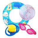 キッズ浮き輪 子供ウキワセット 海の可愛いお友達デザイン 内周約80cm 【付属品 ジュニア水中ゴーグル ビーチボール 足踏み式フットポンプうきわ空気入れ】プール・海水浴水遊びセット