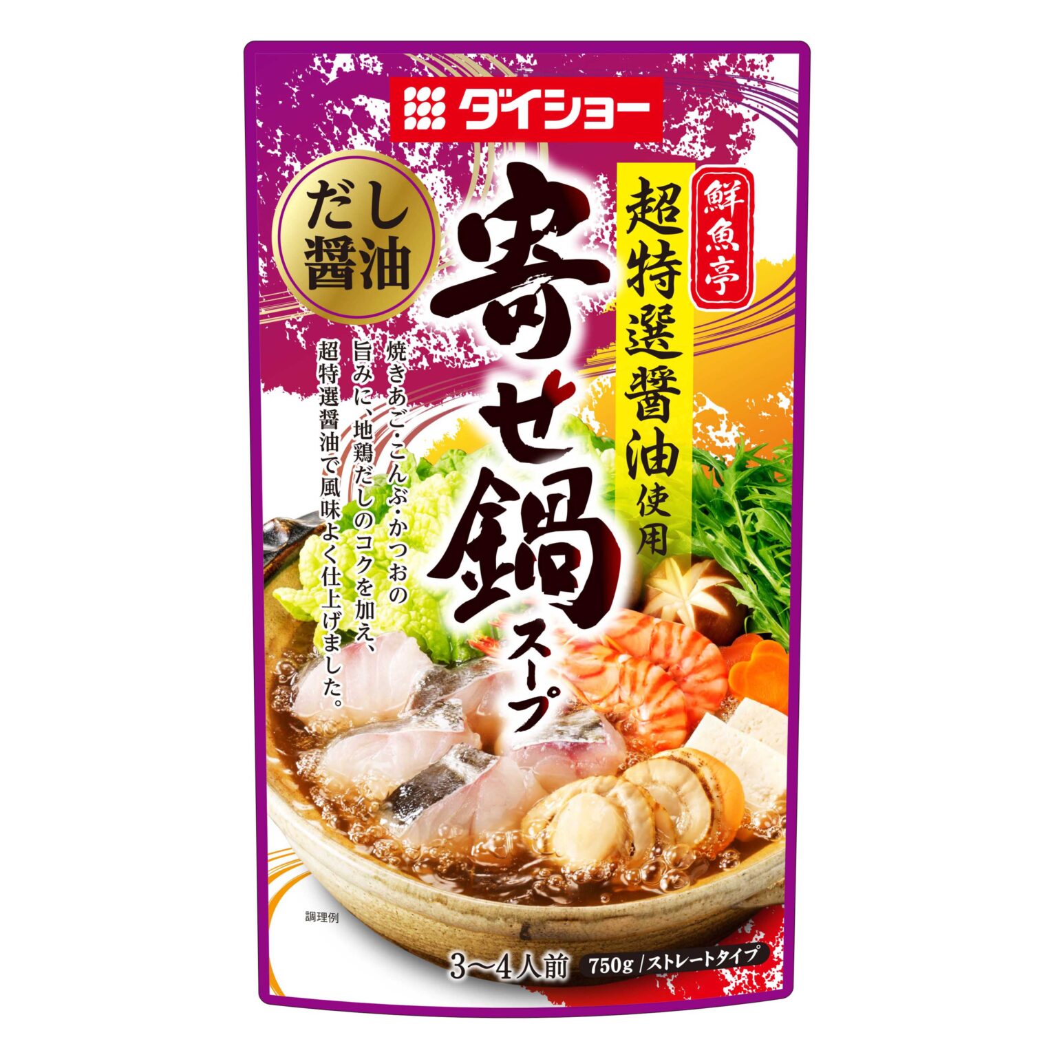 鮮魚亭　超特選醤油使用寄せ鍋スープ　だし醤油 内容量 750g 原材料 しょうゆ（国内製造）、発酵調味料、純米酒、食塩、焼きあごだし、果糖ぶどう糖液糖、こんぶエキス、かつおぶし、地鶏エキス、にぼしエキス、酵母パウダー、酵母エキス、植物抽出物／調味料（アミノ酸等）、増粘剤(キサンタン) 商品説明 長崎県産焼きあご・北海道産日高昆布・焼津産鰹節の魚介だしの旨みに、地鶏だしのコクを合わせた醤油仕立ての鍋スープです。超特選醤油と純米酒で風味よく仕上げました。 賞味期限 パッケージに記載 ※食品ですので開封後は賞味期限に関わらずお早目にお召し上がりください。 ご注意 ※画像はイメージです。実際にお届けする商品とパッケージ等が異なる場合がございますので、あらかじめご了承ください。 ※食品のため商品到着後のキャンセル・返品は承れません。 ※お子様の手の届かない所に保管して下さい。 ※ご注文商品の発送後の変更、キャンセル、返品、交換はお受け致しかねます。 ※商品ページに記載している納期情報はあくまでも目安であり、ご注文が殺到した場合や商品の在庫状況によっては発送が早まることがありますのであらかじめご了承ください。 ※【ご注文後の在庫切れについて】 当店では複数店舗で在庫を共有し販売致しております。 その為、ご注文を頂いた時点では在庫有りと表示されていた商品でも、 同一商品への注文集中やネットワーク状況等により、在庫切れとなる場合がございます。 誠に勝手ながら、その旨をメールにてご連絡させて頂いた上で、当店によりキャンセル手続きをさせて頂く場合がございますので、何卒ご理解頂きますようお願い致します。 配送方法 宅配便 【代金引換の場合】 ※＋代引手数料(330円)が追加で発生致します。 ※北海道・沖縄・離島：1,480円鮮魚亭　超特選醤油使用寄せ鍋スープ　だし醤油 内容量 750g 原材料 しょうゆ（国内製造）、発酵調味料、純米酒、食塩、焼きあごだし、果糖ぶどう糖液糖、こんぶエキス、かつおぶし、地鶏エキス、にぼしエキス、酵母パウダー、酵母エキス、植物抽出物／調味料（アミノ酸等）、増粘剤(キサンタン) 商品説明 長崎県産焼きあご・北海道産日高昆布・焼津産鰹節の魚介だしの旨みに、地鶏だしのコクを合わせた醤油仕立ての鍋スープです。超特選醤油と純米酒で風味よく仕上げました。 賞味期限 パッケージに記載 ※食品ですので開封後は賞味期限に関わらずお早目にお召し上がりください。 ご注意 ※画像はイメージです。実際にお届けする商品とパッケージ等が異なる場合がございますので、あらかじめご了承ください。 ※食品のため商品到着後のキャンセル・返品は承れません。 ※お子様の手の届かない所に保管して下さい。 ※ご注文商品の発送後の変更、キャンセル、返品、交換はお受け致しかねます。 ※商品ページに記載している納期情報はあくまでも目安であり、ご注文が殺到した場合や商品の在庫状況によっては発送が早まることがありますのであらかじめご了承ください。 ※【ご注文後の在庫切れについて】 当店では複数店舗で在庫を共有し販売致しております。 その為、ご注文を頂いた時点では在庫有りと表示されていた商品でも、 同一商品への注文集中やネットワーク状況等により、在庫切れとなる場合がございます。 誠に勝手ながら、その旨をメールにてご連絡させて頂いた上で、当店によりキャンセル手続きをさせて頂く場合がございますので、何卒ご理解頂きますようお願い致します。 配送方法 宅配便 【代金引換の場合】 ※＋代引手数料(330円)が追加で発生致します。 ※北海道・沖縄・離島：1,480円