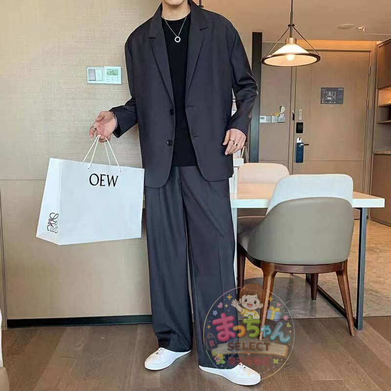 乐天商城 - セットアップ メンズ カジュアルスーツ 上下セット ビッグシルエット テーラードジャケット ワイドスラックス ストレッチ 無地