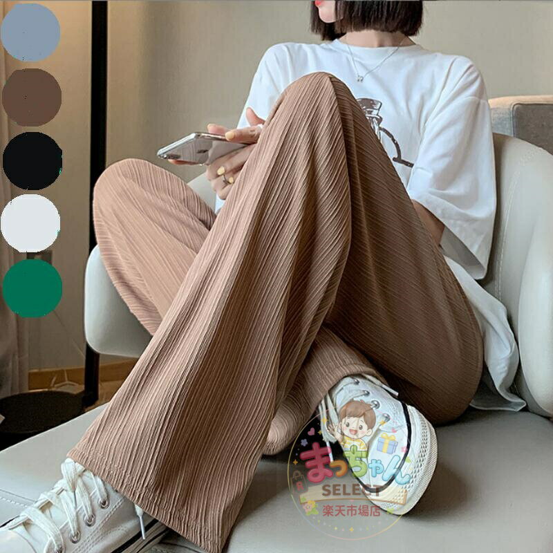 乐天商城 - パンツ レディース 春 夏 リブ ワイドパンツ イージーパンツ 涼しい 接触冷感 さらてろ プリーツパンツ 高身長 低身長 コーデュロイ リ