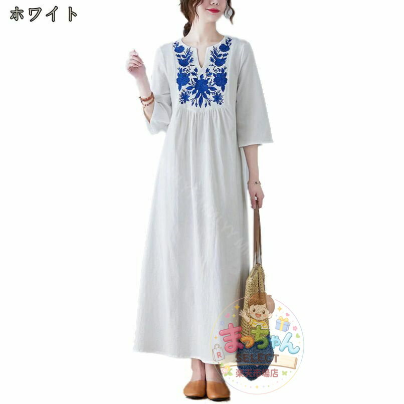 樂天商城 - ワンピース レディース 春夏秋 大きいサイズ ドレス 春夏 花柄 チュニック aライン ゆったり 綿麻 膝丈 リネン 着痩せ きれいめ 森ガー