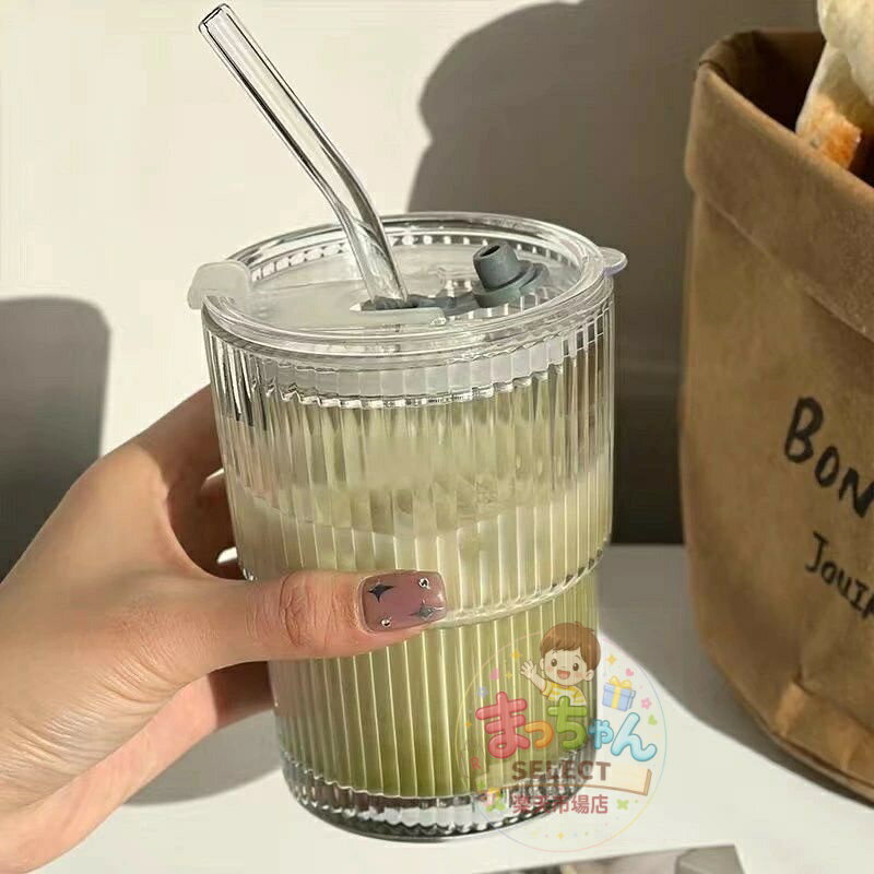 乐天商城 - ガラスコーヒーカップシンプル縦縞ストローカップハンディカップアイスラテカップ