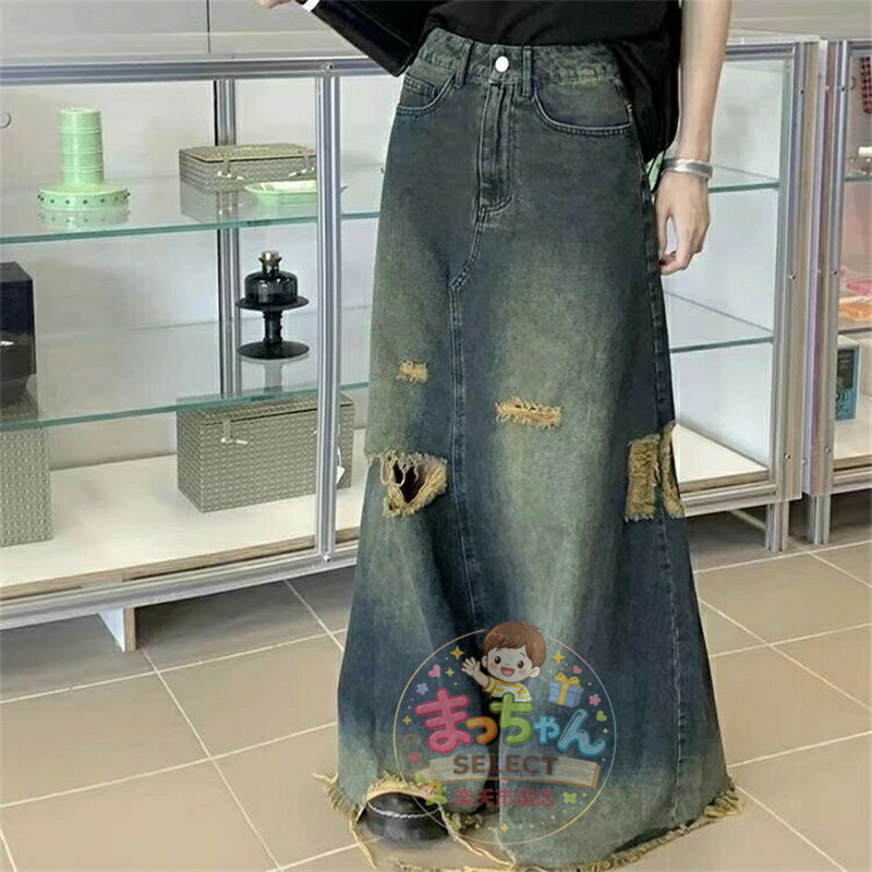 樂天商城 - レディース ロングスカート 秋 デニムスカート ダメージ加工 デニムロングスカート ロングデニムスカート カジュアルスカート ゆったり