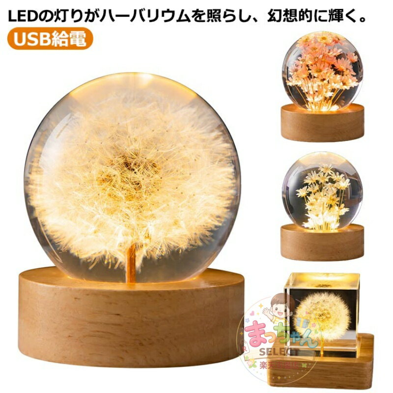 クリスタルハーバリウム ハーバリウム ライト LED台座付き 母の日 ギフト ホワイトデー 誕生日 木製 結婚記念日 造花 ハーバリウム タンポポ デージー ドライフラワー プリザーブドフラワー 卒業祝 ナイトライト クリスタルハーバリウム