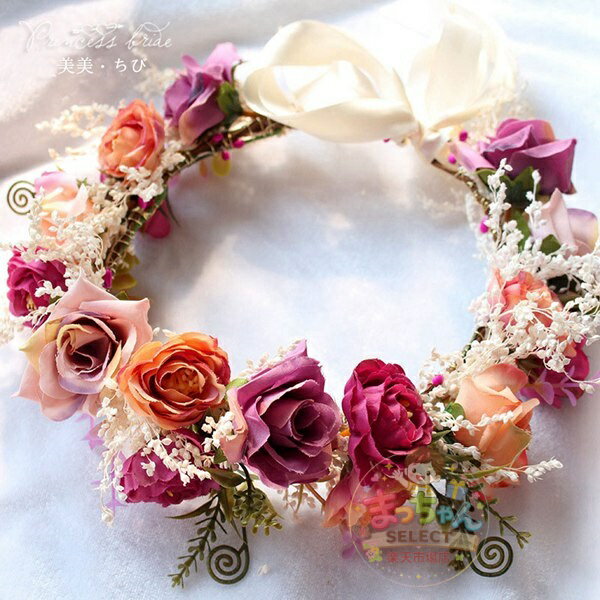 Rakuten - 花冠 バラ カラフル花冠 ヘッドドレス ウエディング　手つくり造花 花かんむり 綺麗花冠★ドレス カチューシャ /造花 ブライダル /ナチュラル/花輪/結婚式/海外旅行/前撮り
