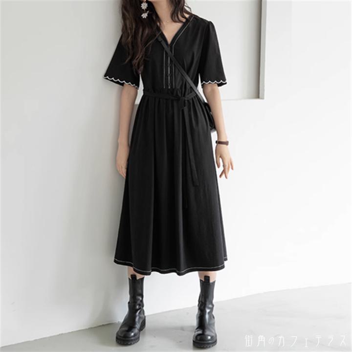 樂天商城 - ワンピース ロングワンピ ロング ミモレ 袖あり 半袖 Vネック Aライン フレア バイカラー 薄手生地 エレガント 可愛い 大人可愛い きれいめ シンプル カジュアル シック コンサバ 華やか 大人 上品 おしゃれ お洒落 レトロ こなれ感 ラフ 無地 夏 20代 30代 40代 レディース