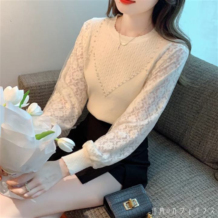 Turtleneck - トップス 春ニット セーター 袖あり 長袖 ハイネック クルーネック Uネック プルオーバー Aライン フレア ロング丈 透け感 ビジュー装飾 パール 薄手生地 かわいい 大人可愛い 大人女子 こなれ感 シンプル カジュアル 大人 おしゃれ お洒落 コンサバ エレガント フェミニン