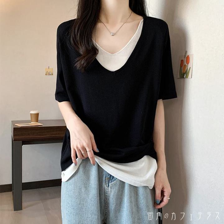 レディーストップスカットソーVネッ...