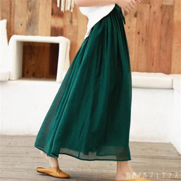 スカート 3色 ロングスカート Aライン フレア マキシ アンクル 透け感 シースルー リボン 薄手生地 か..