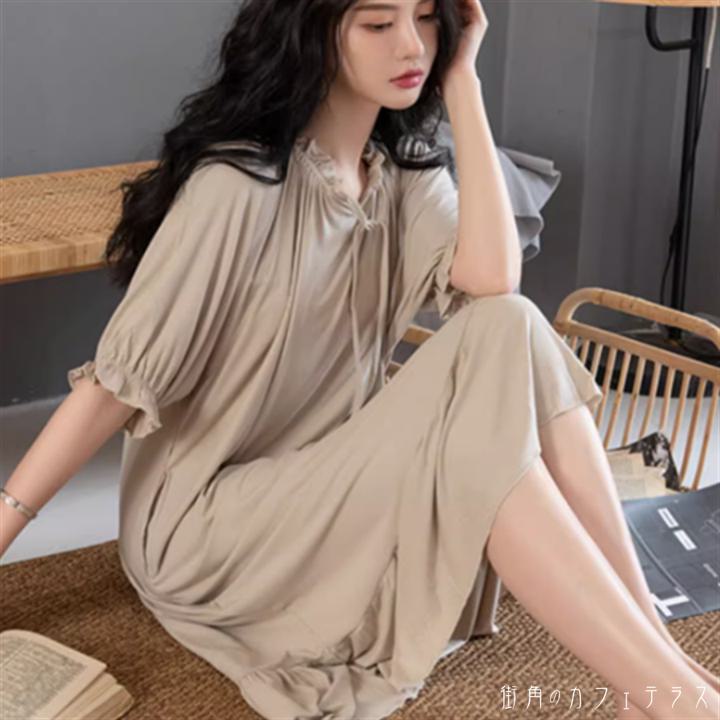 パジャマ ルームウェア 部屋着レディース ワンピース 2色 ロング ひざ丈 袖あり 半袖 Vネック Aライン フレア プルオーバー リボン 薄手 可愛い 大人可愛い きれいめ シンプル カジュアル シック コンサバ 華やか 大人 上品 おしゃれ お洒落 レトロ 主役級 こなれ感