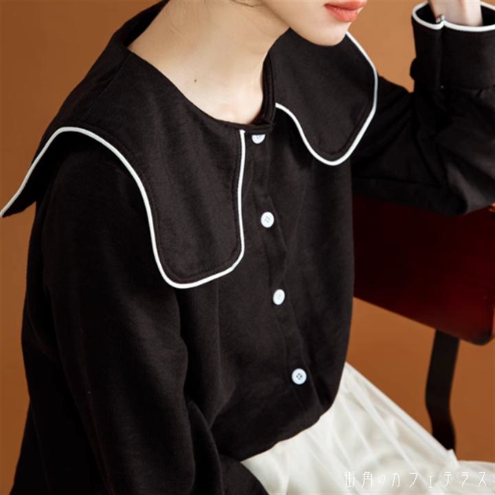樂天商城 - トップス 2色 ブラウス 袖あり 制服風 セーラー服風 半袖 クルーネック えり付き Aライン フレア ロング丈 バイカラー 薄手生地 かわいい 大人可愛い 大人女子 こなれ感 シンプル カジュアル 大人 上品 おしゃれ お洒落 ラフ コンサバ エレガント フェミニン ガーリー 無地