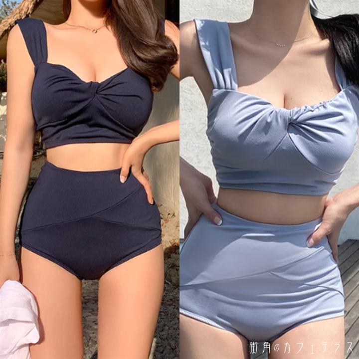 水着ビキニ スイムウェア10代 2色 タンキニ ラウンドネック パッド付き ハイウエスト 上下セット かわいい きれいめ コンサバ シンプル カジュアル ナチュラル 大人っぽい おしゃれ ガーリー 個性的 モード系 無地 10代 20代 30代 40代 レディース ねじれ リボン風 女性用 夏